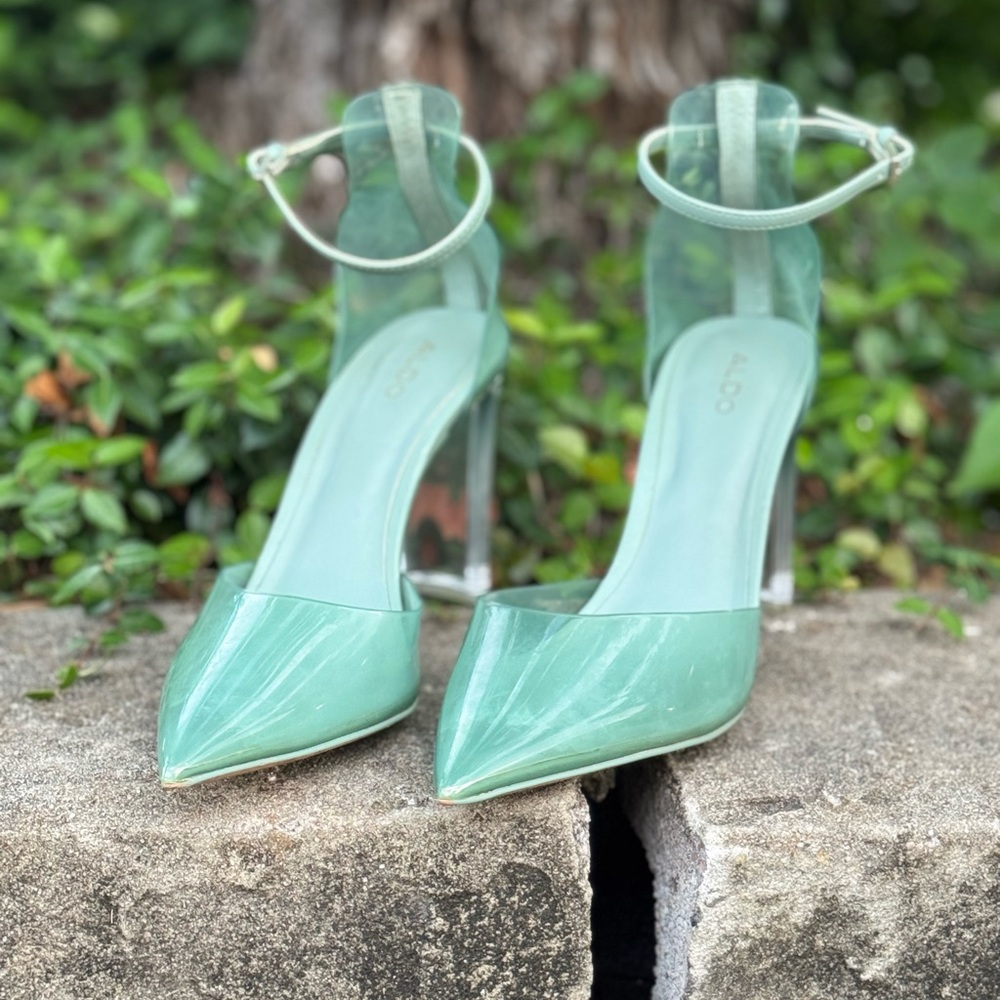 Aldo Green Heels with Glossy Finish and Transparent Strap